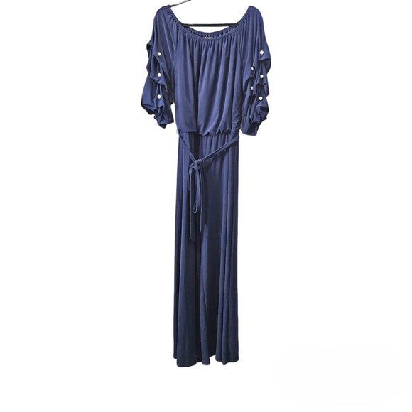MSK Wide Leg Ruched Pearl 3/4 Sleeve Navy Blue Belted Full Length Jumpsuit - Picture 1 of 10